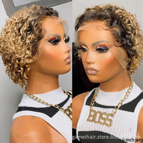 Short Curly Bob Wig Pixie Cut Human Hair  Under $30 99J 1BT30 Brown Colored Hair Wigs 13X1 Transparent Lace Wig For Women